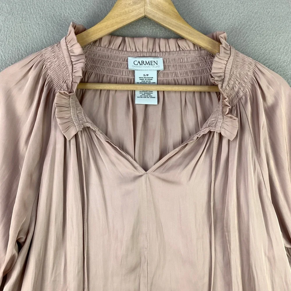Carmen Marc Valvo Blouse Women S Pink Satin Smocked Ruffle V-Neck Peasant Top - Picture 3 of 9